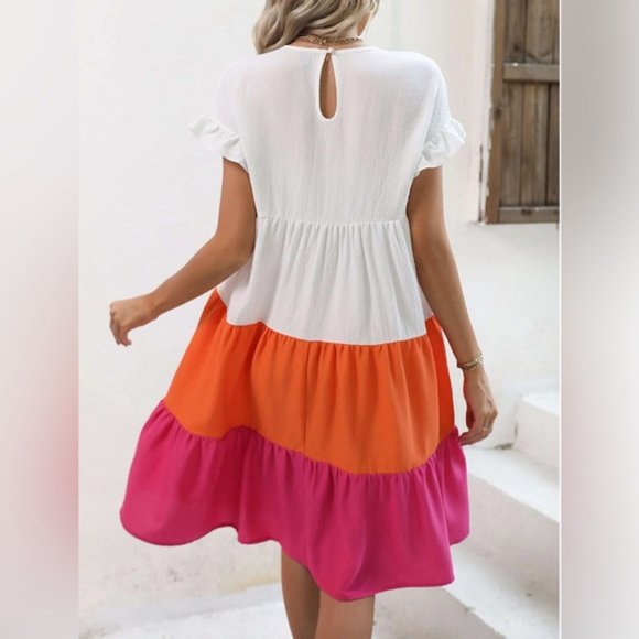 Color Block Flounce Sleeve Ruffle Hem Smock Dress 50% OFF - Picture 4 of 6